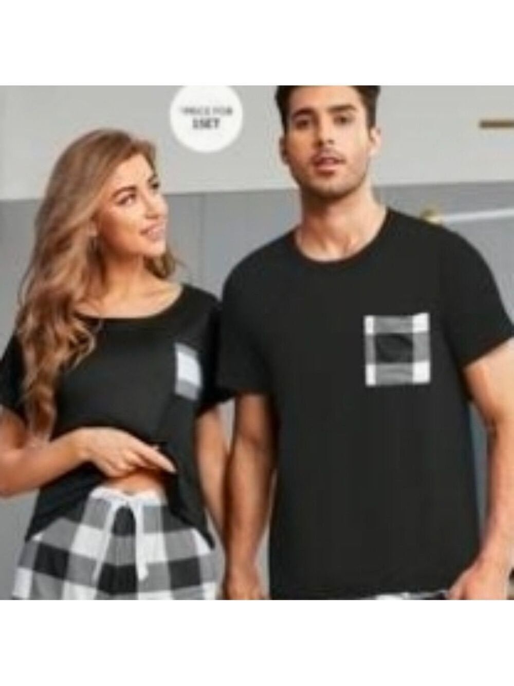 Ladies Black Checkered Pajamas Pocket Plaid